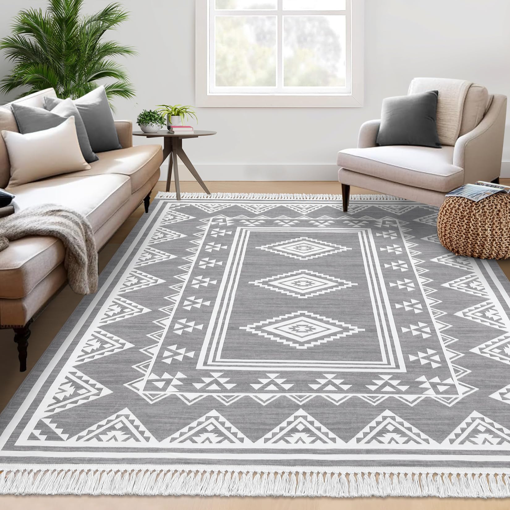 RUGSREAL Large Living Room Rug 8x10 Washable Boho Accent Area Rug with Tassel Moroccan Bordered Non-Slip Stain Resistant Floor Cover Farmhouse Geometric Tribal Carpet for Bedroom Nursery, Grey