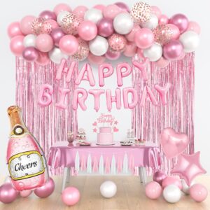 pink birthday party decorations, happy birthday banner tablecloth cake toppers fringe curtain tassels pink and white confetti foil balloons for girls women wedding baby shower party supplies