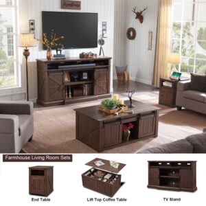 Farmhouse TV Stand for 80 Inch TVs, 39" Tall Entertainment Center w/Storage Cabinets and Sliding Barn Door, Media Console Cabinet w/Soundbar & Adjustable Shelves for Living Room, 70inch (Brown)