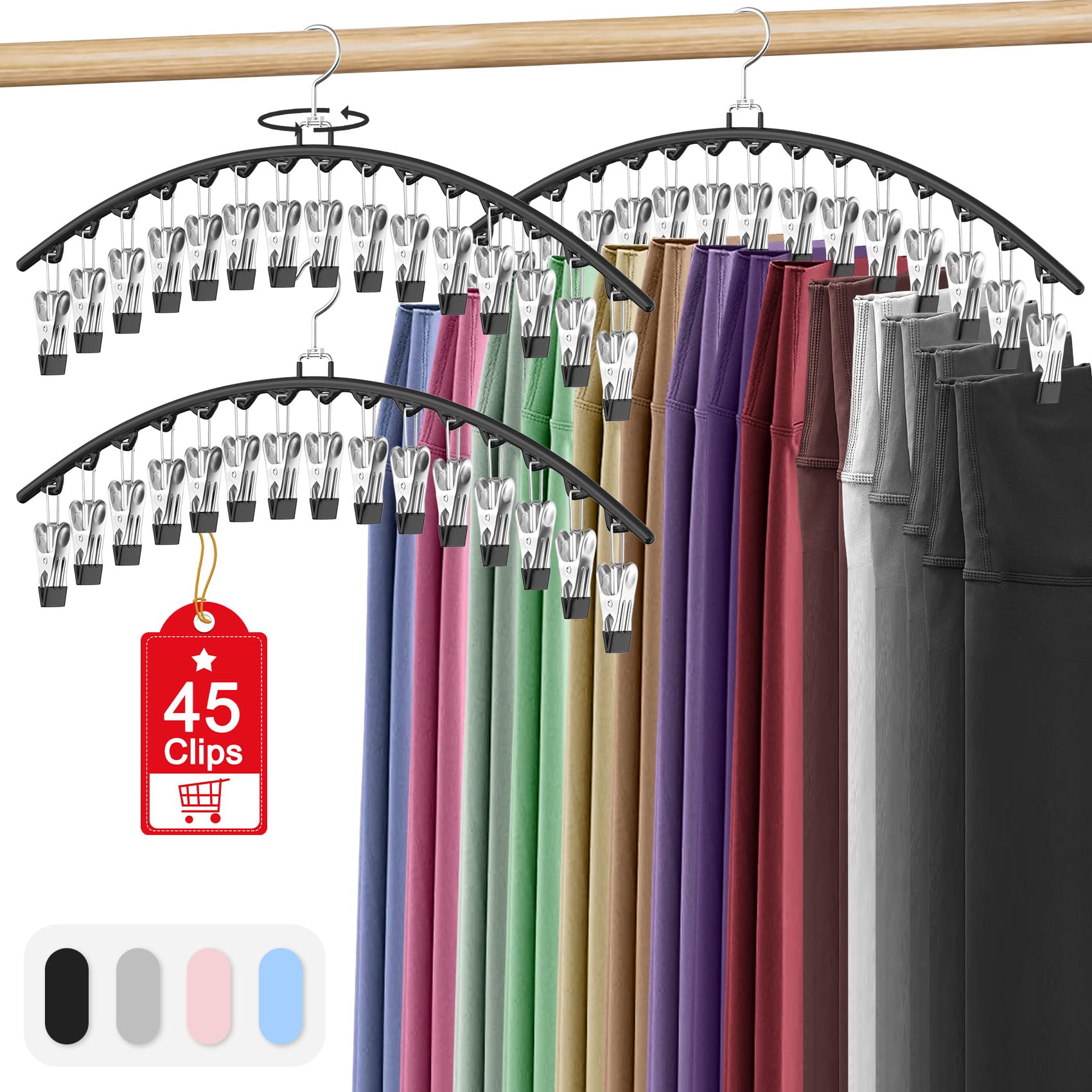 3 Pack Legging Organizer for Closet Hanging, Pants Hangers with 15 Clips Holds 45 Leggings, Shorts, Skirts, Jeans, Hats, Pants Hangers Space Saving Clothes Racks Closet Organizers and Storage, Black