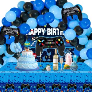 mcpinky 70pcs video game birthday decorations, balloon arch garland kit with table covers video game backdrop foil gamer balloons for birthday party