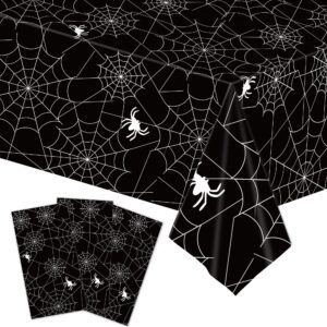 3-piece 54 x 108 inch spider web plastic tablecloth - black spiderweb with spiders designs, disposable rectangle table cover for dining, birthday, halloween, spooky themed indoor outdoor decorations