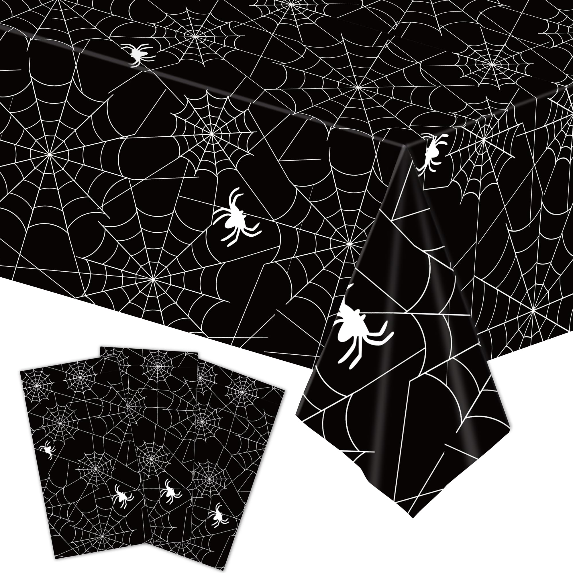 3-Piece 54 x 108 Inch Spider Web Plastic Tablecloth - Black Spiderweb with Spiders Designs, Disposable Rectangle Table Cover for Dining, Birthday, Halloween, Spooky Themed Indoor Outdoor Decorations