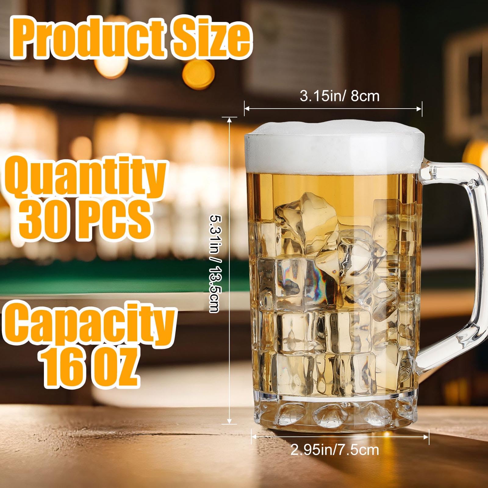 Mifoci 30 Pcs Clear Plastic Beer Mug with Handles 16 oz Reusable Acrylic Beer Stein Bulk Glasses Beer Drinking Cups Dishwasher Safe for Bar Home Hotel Cocktail Juice Alcohol Soda Party