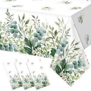 3 pack spring sage green baby shower plastic tablecloth, eucalyptus leaf disposable table cover, summer rectangle table cloth for bridal baby shower birthday wedding party decorations, 54x108 inch