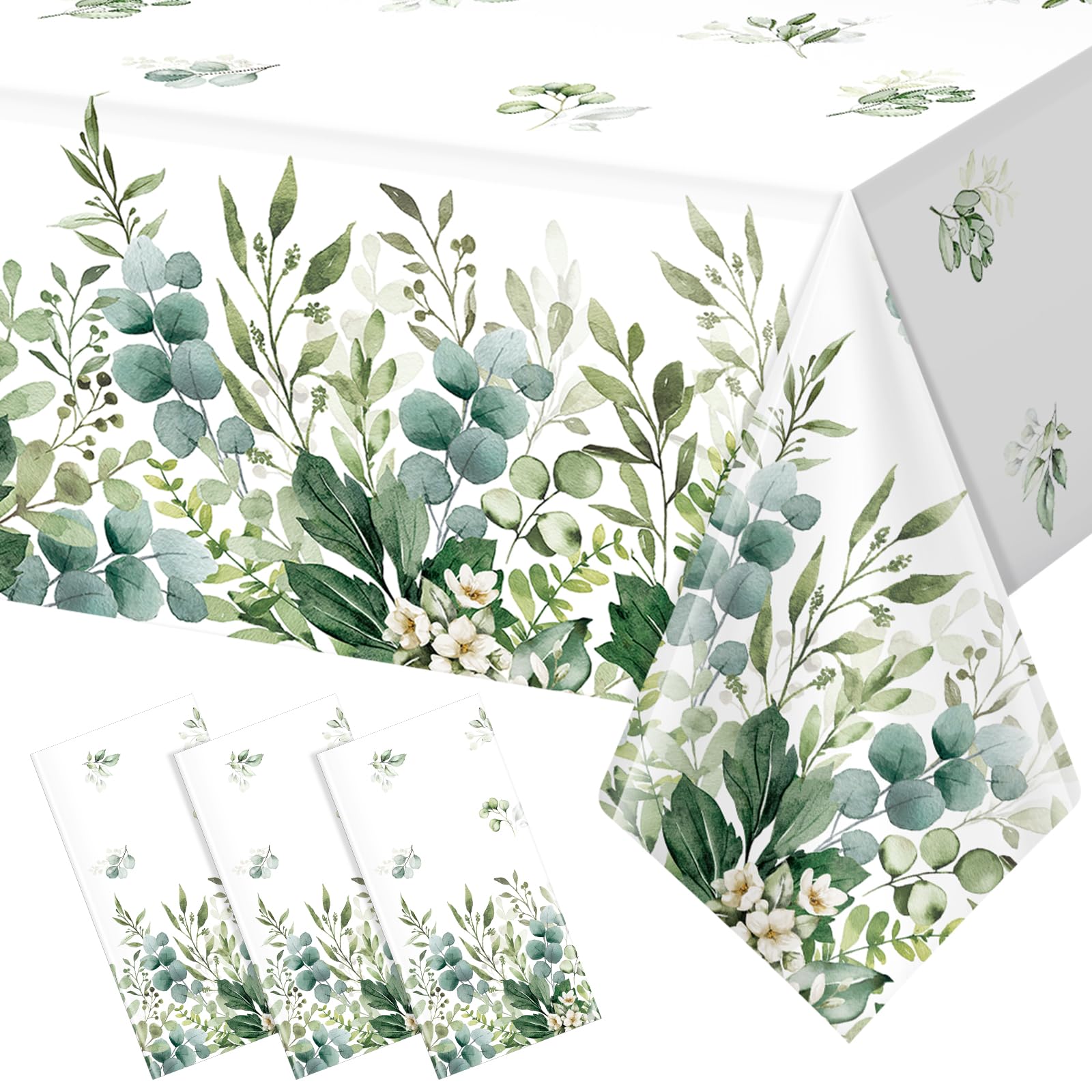 3 Pack Spring Sage Green Baby Shower Plastic Tablecloth, Eucalyptus Leaf Disposable Table Cover, Summer Rectangle Table Cloth for Bridal Baby Shower Birthday Wedding Party Decorations, 54x108 Inch