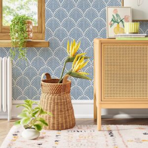 Cohoo Home Blue White Wallpaper Peel and Stick Wallpaper Boho Contact Paper for Cabinet Modern Wallpaper Self-Adhesive Wallpaper Leaf Leaves Geometric Wallpaper Bathroom Bedroom Waterproof 17.3“×393”