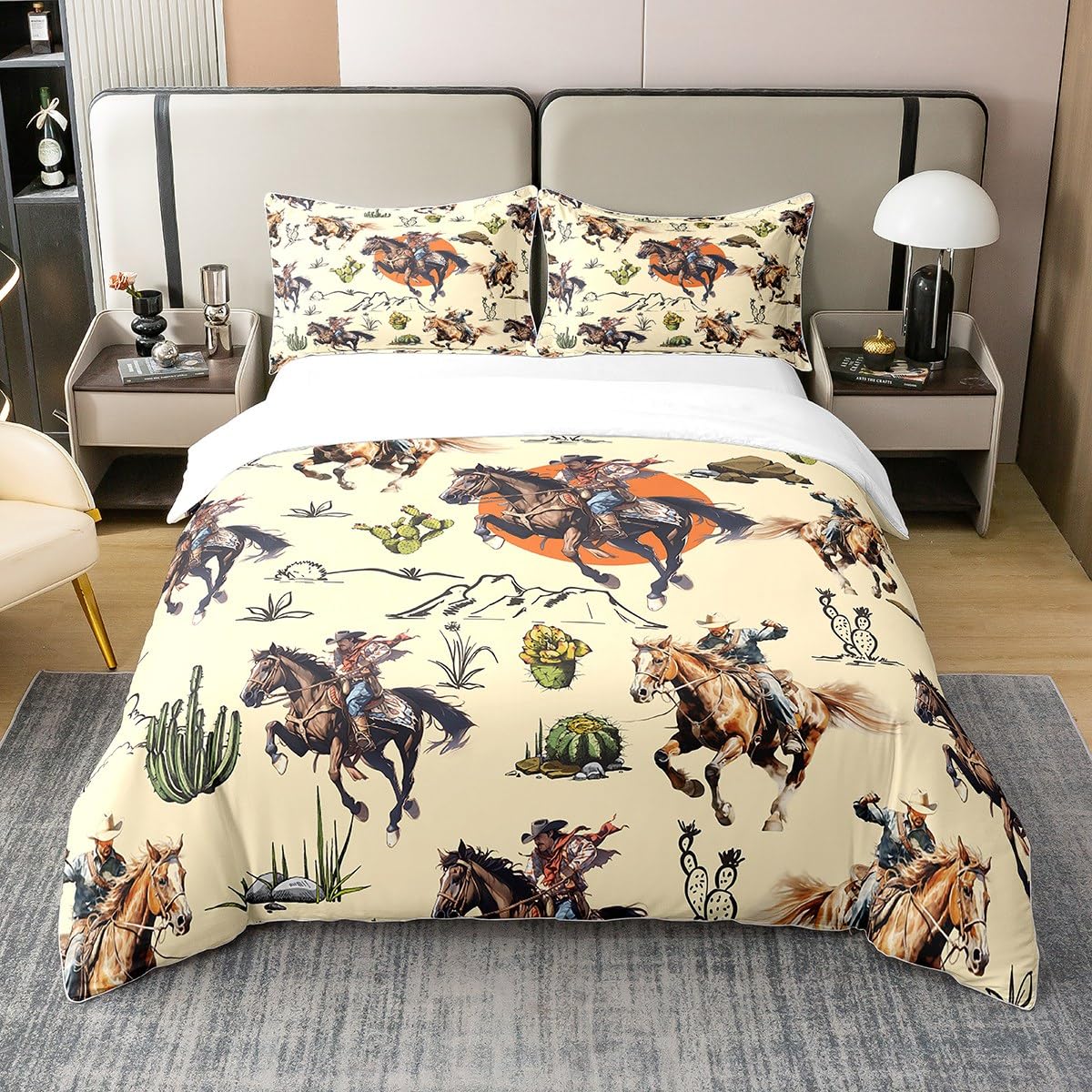 Western Adventure 100% Nature Cotton Duvet Cover Twin,Watercolor Cowboy Horse Farmhouse Style Super Soft Bedding Set,Southwest Desert Cactus Plants Comforter Cover Bedding 2 Piece (No Comforter)