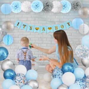 Ouddy Party Blue Baby Shower Decorations for Boy with Its a Boy Banner, Baby Boy Letter Metallic Blue Gray Silver Balloon Paper Pom Poms Honeycomb Ball for Boy Baby Shower Gender Reveal Party Supplies