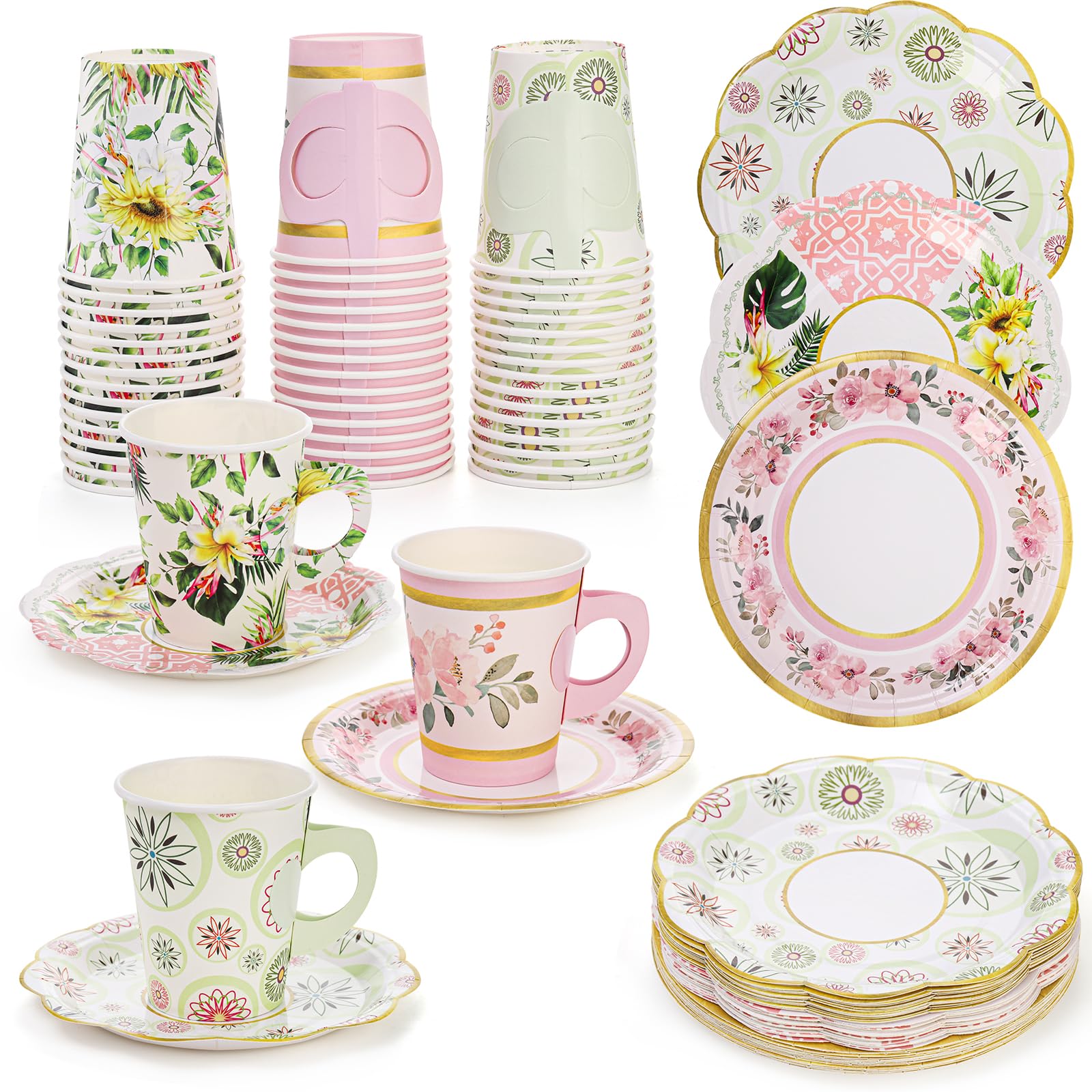 Yarlung 96 Pcs Paper Tea Cups and Plates, Disposable 9oz Teacups with Handle 6 Inch Saucers Sets for Tea Party Decorations, Mother's Day, Birthday Favors, Floral 3 Designs