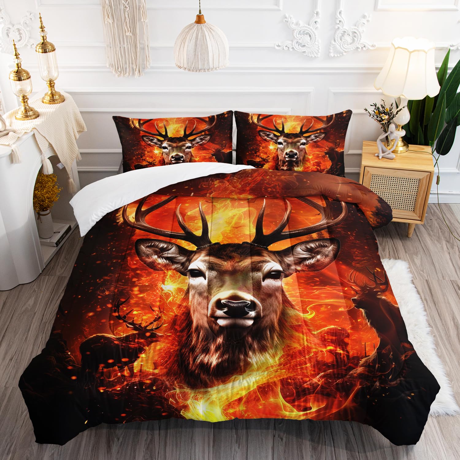 AILONEN Deer Hunting Bedding Set Queen Wild Deer Comforter Set, Fire Forest Wildlife Comforter Set for Boys Men,Deer Hunter Quilt and 2 Pillowcases,3 Pieces Queen Bed in a Bag