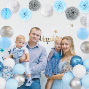 Ouddy Party Blue Baby Shower Decorations for Boy with Its a Boy Banner, Baby Boy Letter Metallic Blue Gray Silver Balloon Paper Pom Poms Honeycomb Ball for Boy Baby Shower Gender Reveal Party Supplies