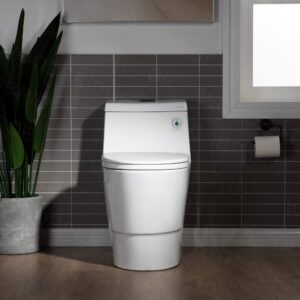 WOODBRIDGEE One Piece Toilet with Soft Closing Seat, Chair Height, 1.28 GPF Dual, Water Sensed, 1000 Gram MaP Flushing Score Toilet with Chorme Button, White,T0001-F-C