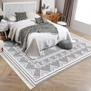 RUGSREAL Large Living Room Rug 8x10 Washable Boho Accent Area Rug with Tassel Moroccan Bordered Non-Slip Stain Resistant Floor Cover Farmhouse Geometric Tribal Carpet for Bedroom Nursery, Grey