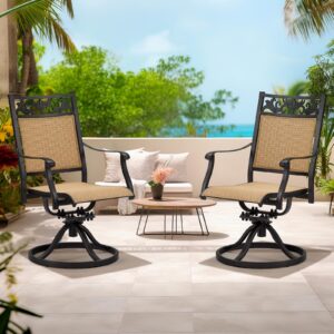 EROMMY Patio Swivel Chairs Set of 2, All-Weather Cast Aluminum Patio Sling Dining Chairs, Outdoor Swivel Rocker Chairs for Backyard, Garden, Deck, Porch, Balcony, Brown