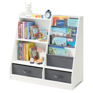 GABHX Kids Bookshelf with Storage Drawers and Layer Sling Bookcase, 4 Tier Toddlers Book and Toy Organizer and Dispaly Cabinet for Playroom, Kids Room, Classroom, Nursery (White)