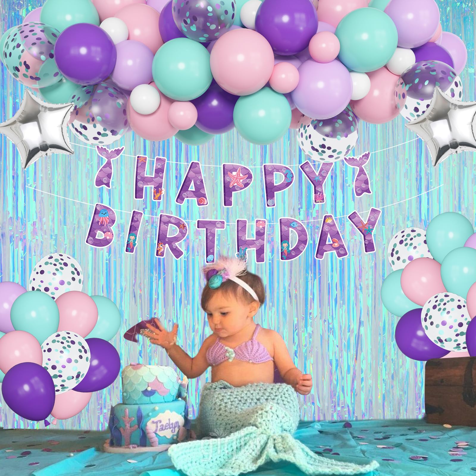 Mermaid Birthday Party Decorations Supplies Hanging Swirls Banner Fringe Curtain Tissue Pom Poms Purple Blue Pink Mermaid Foil Balloon Mermaid Theme Party Baby Shower for Kids Girls Women