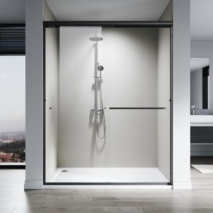 sl4u sliding shower door, 60" w x 76" h, 1/4" tempered glass shower door, sliding shower glass door, easy to clean, matte black finish