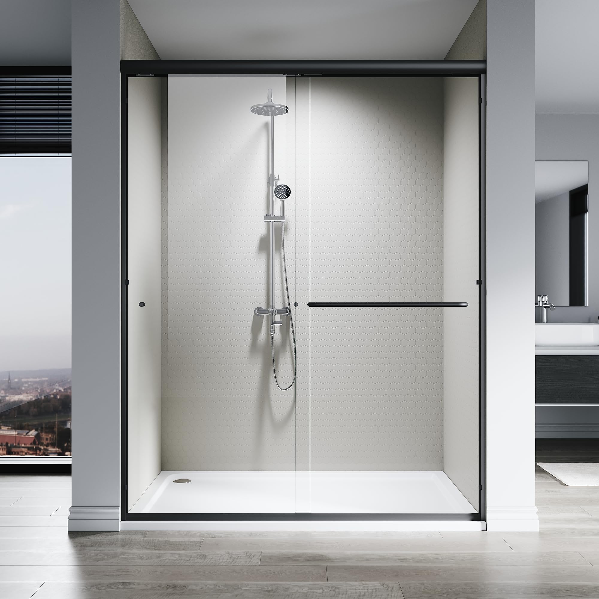 SL4U Sliding Shower Door, 60" W x 76" H, 1/4" Tempered Glass Shower Door, Sliding Shower Glass Door, Easy to Clean, Matte Black Finish