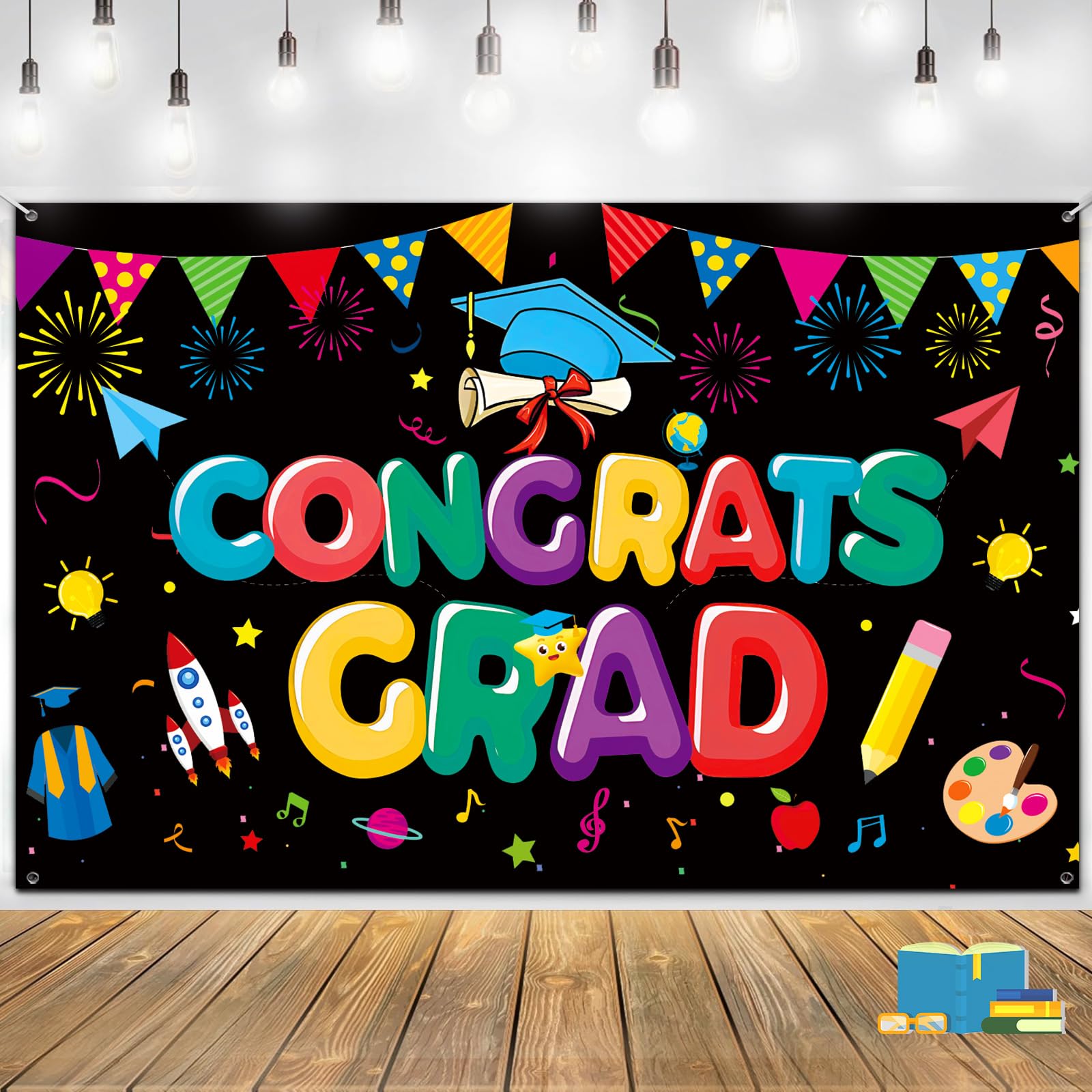 Unibday Kindergarten Graduation Decorations, 2024 Kindergarten Graduation Banner,70x43 Inch Preschool Congrats Grad Banner Pre K Graduation Party Backdrop for Kids Graduation Yard Decorations, Black