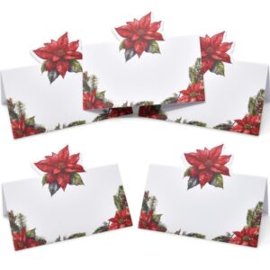 100 Pack Christmas Place Cards Holiday Seating Name Card Die Cut Xmas Poinsettia Flower Table Setting Folded Paper Tent Cards for Winter Dinner Wedding Tables Placement Party Decorations 2" x 3.5"