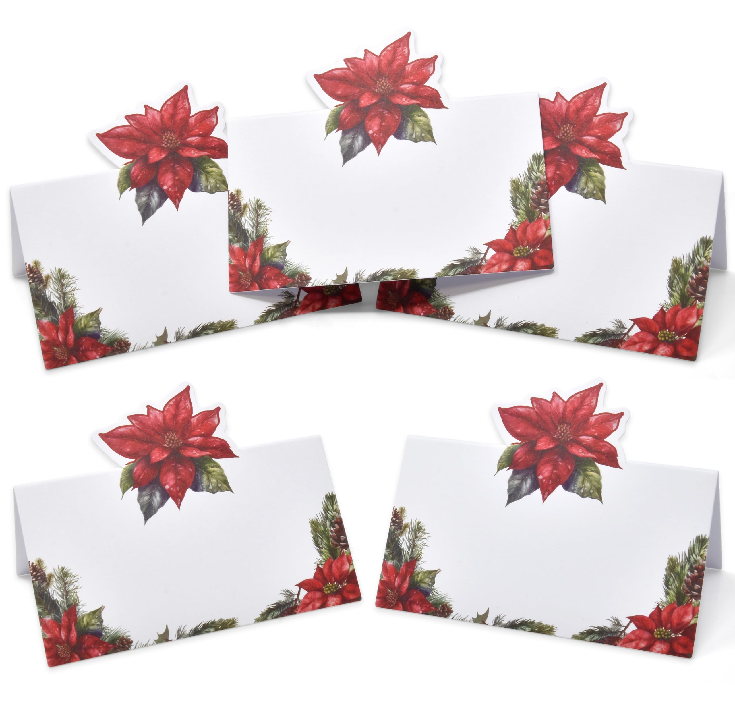 100 Pack Christmas Place Cards Holiday Seating Name Card Die Cut Xmas Poinsettia Flower Table Setting Folded Paper Tent Cards for Winter Dinner Wedding Tables Placement Party Decorations 2" x 3.5"