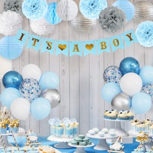 Ouddy Party Blue Baby Shower Decorations for Boy with Its a Boy Banner, Baby Boy Letter Metallic Blue Gray Silver Balloon Paper Pom Poms Honeycomb Ball for Boy Baby Shower Gender Reveal Party Supplies