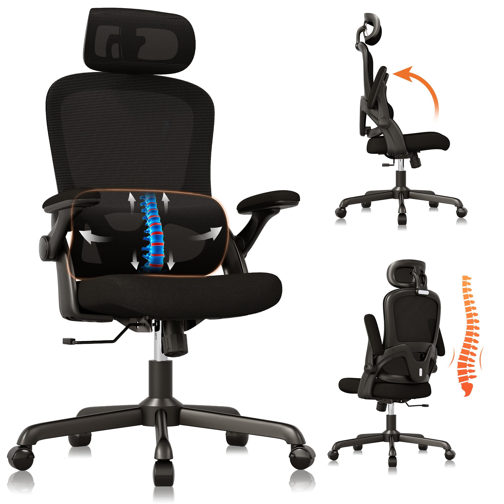 Ergonomic Office Chair, High Back Mesh Desk Chair with Adjustable Lumbar Support, 3D Flip-Up Arms, Headrest, Swivel Rolling Wheel, Big and Tall Comfy Wide Work Task Computer Gaming Chairs for Adults