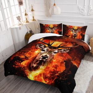 AILONEN Deer Hunting Bedding Set Queen Wild Deer Comforter Set, Fire Forest Wildlife Comforter Set for Boys Men,Deer Hunter Quilt and 2 Pillowcases,3 Pieces Queen Bed in a Bag