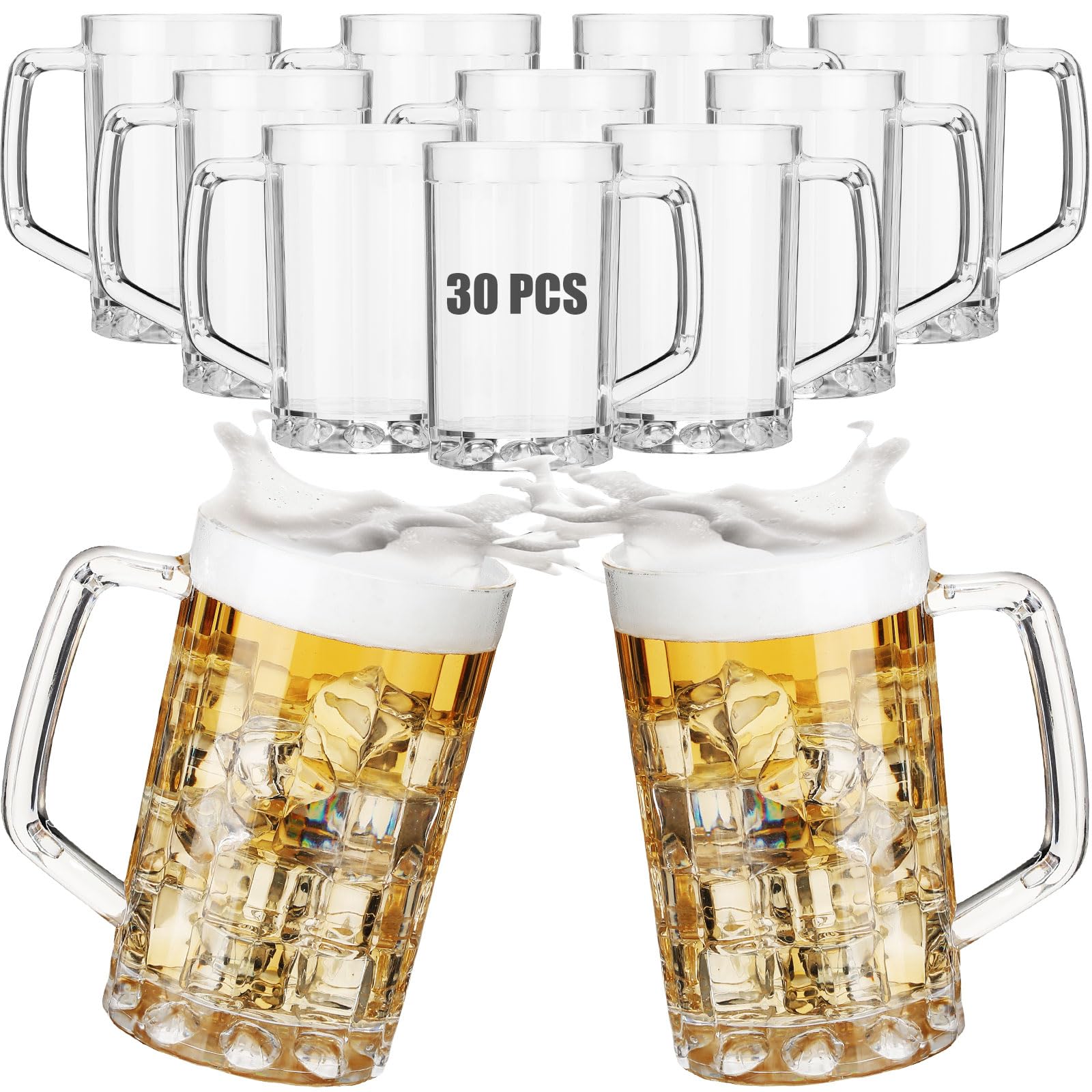 Mifoci 30 Pcs Clear Plastic Beer Mug with Handles 16 oz Reusable Acrylic Beer Stein Bulk Glasses Beer Drinking Cups Dishwasher Safe for Bar Home Hotel Cocktail Juice Alcohol Soda Party