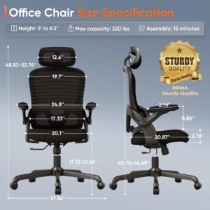 Ergonomic Office Chair, High Back Mesh Desk Chair with Adjustable Lumbar Support, 3D Flip-Up Arms, Headrest, Swivel Rolling Wheel, Big and Tall Comfy Wide Work Task Computer Gaming Chairs for Adults