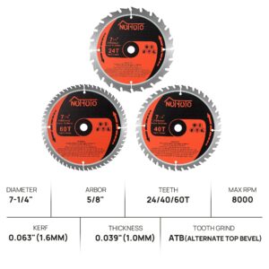 NUTTUTO 3 Pack 7-1/4 Inch 24T&40T&60T Circular Saw Blade, Saw Blade Arbor Size 5/8-inch, TCT ATB for Cutting Wood, Plastic, PVC, Acrylic, Aluminum