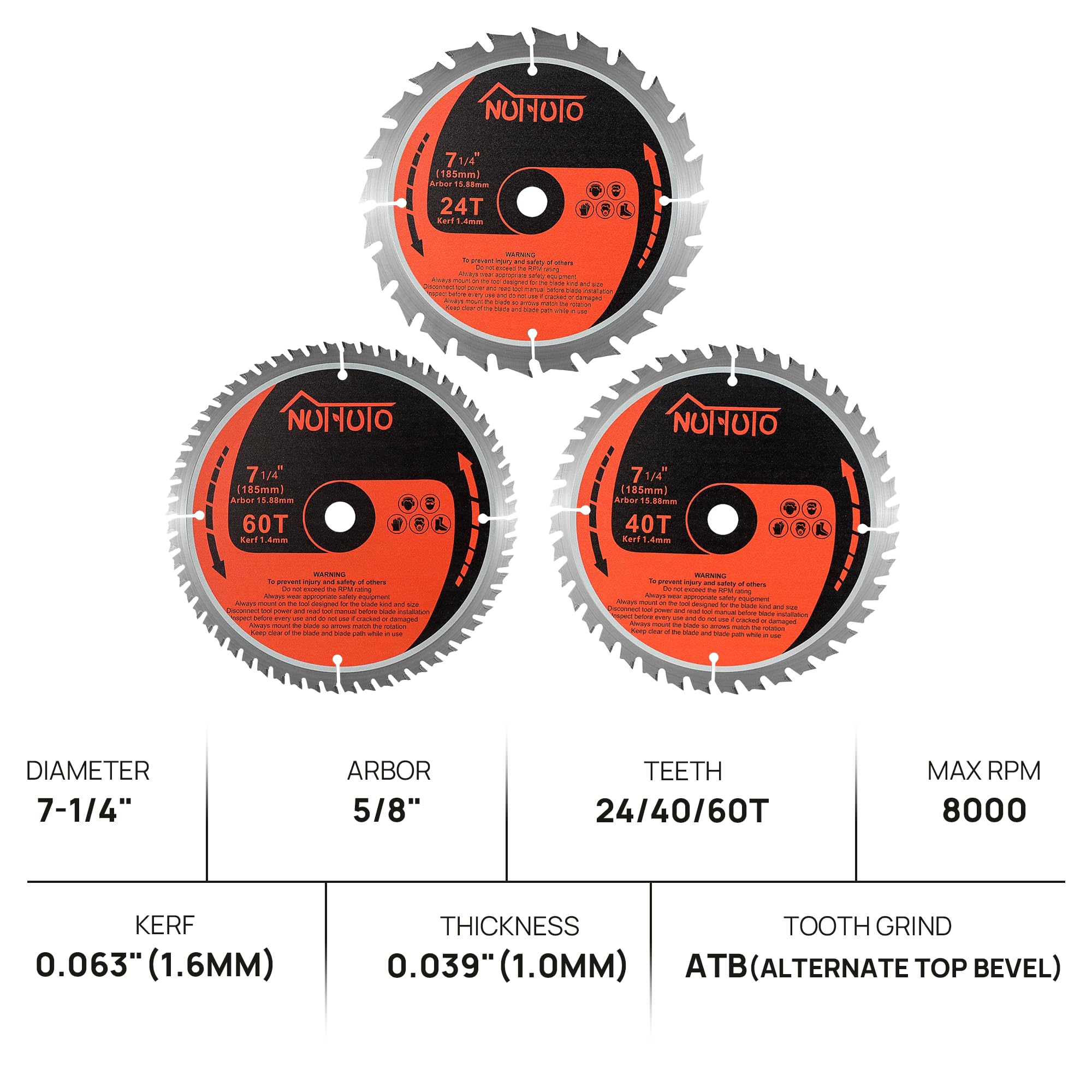 NUTTUTO 3 Pack 7-1/4 Inch 24T&40T&60T Circular Saw Blade, Saw Blade Arbor Size 5/8-inch, TCT ATB for Cutting Wood, Plastic, PVC, Acrylic, Aluminum