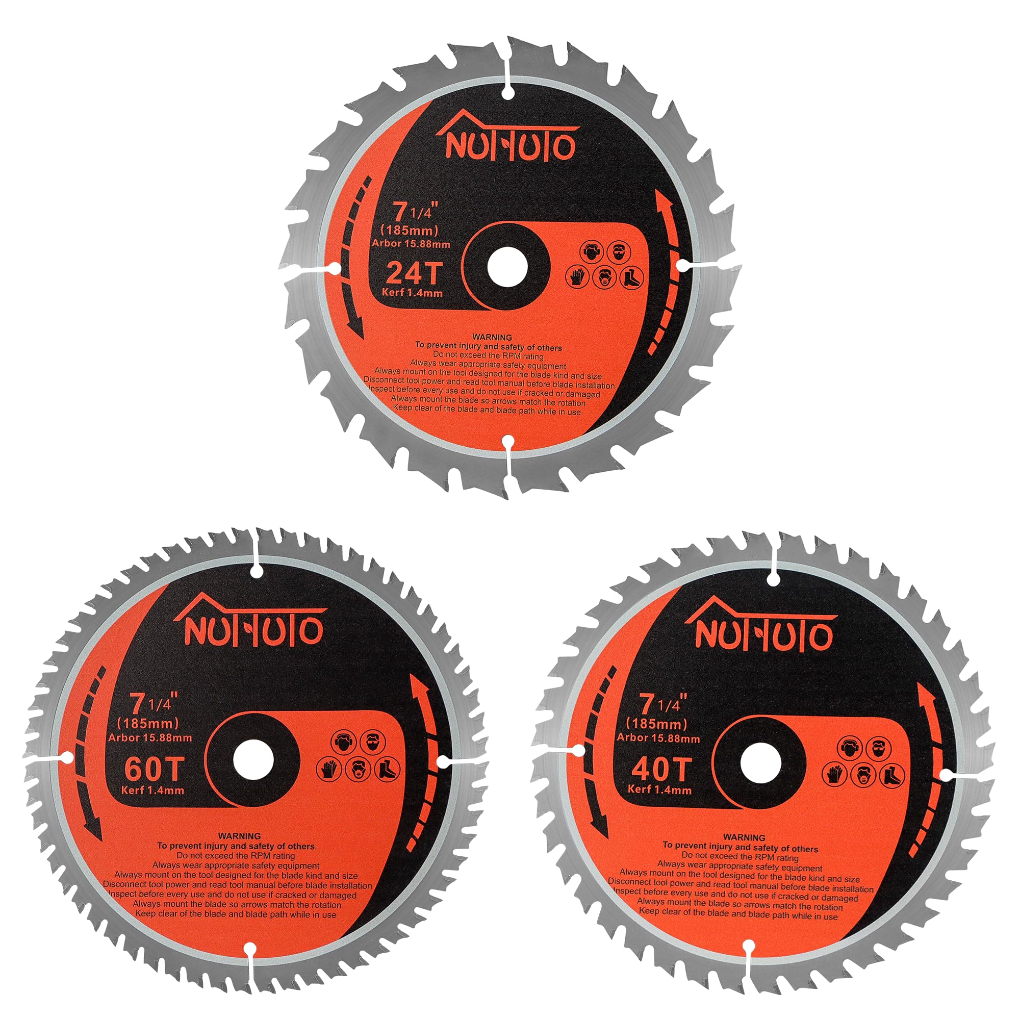 NUTTUTO 3 Pack 7-1/4 Inch 24T&40T&60T Circular Saw Blade, Saw Blade Arbor Size 5/8-inch, TCT ATB for Cutting Wood, Plastic, PVC, Acrylic, Aluminum