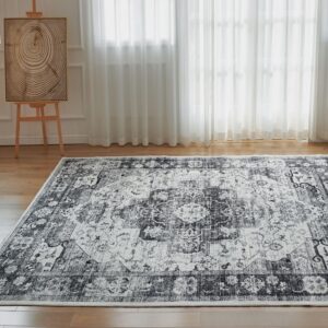 Syalife 6x9 Washable Area Rug - Soft, Non-Shedding, Low-Pile for Living Room, Bedroom, Office & Nursery - Distressed Style with Non-Slip Backing, Black/White