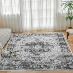 Syalife 6x9 Washable Area Rug - Soft, Non-Shedding, Low-Pile for Living Room, Bedroom, Office & Nursery - Distressed Style with Non-Slip Backing, Black/White