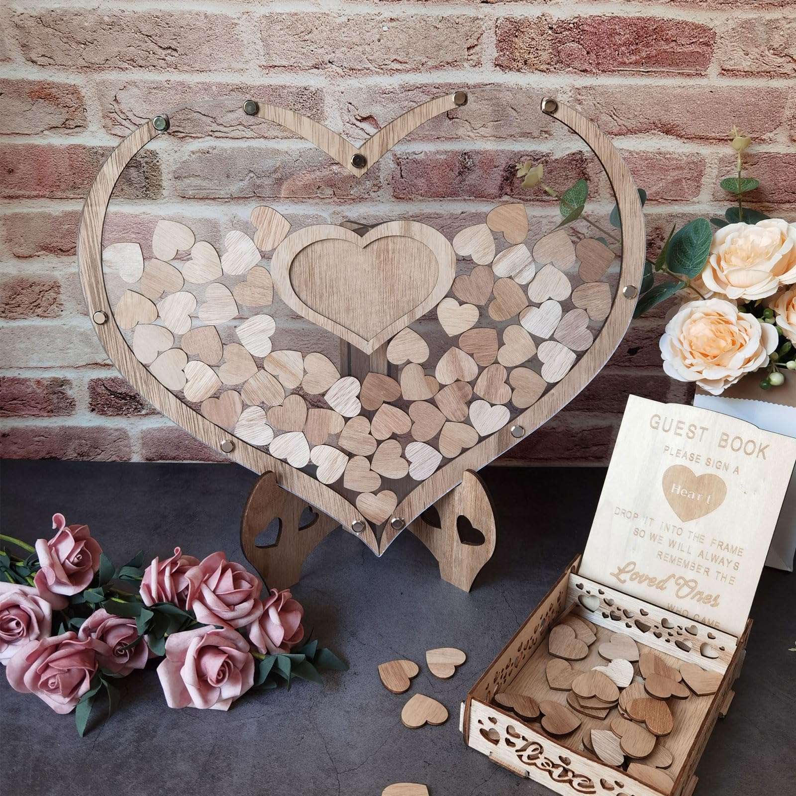 JokLGrs Heart Wedding Guest Book Alternative, Wood Guest Book Wedding Reception with 100pcs Wooden Hearts and Drop Box, Rustic Wedding Sign Decor for Reception and Ceremony Party