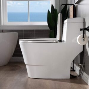 WOODBRIDGEE One Piece Toilet with Soft Closing Seat, Chair Height, 1.28 GPF Dual, Water Sensed, 1000 Gram MaP Flushing Score Toilet with Chorme Button, White,T0001-F-C