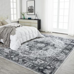 Syalife 6x9 Washable Area Rug - Soft, Non-Shedding, Low-Pile for Living Room, Bedroom, Office & Nursery - Distressed Style with Non-Slip Backing, Black/White