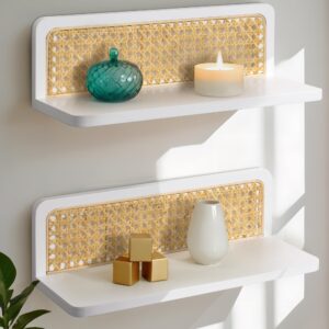 Maxpeuvon Rattan Floating Shelves, Boho Cane Webbing Wall Shelves Farmhouse Display Storage Organizer White Bookshelves Wicker Room Decor for Living Room Bedroom Entryway Hallway Bathroom, Set of 2