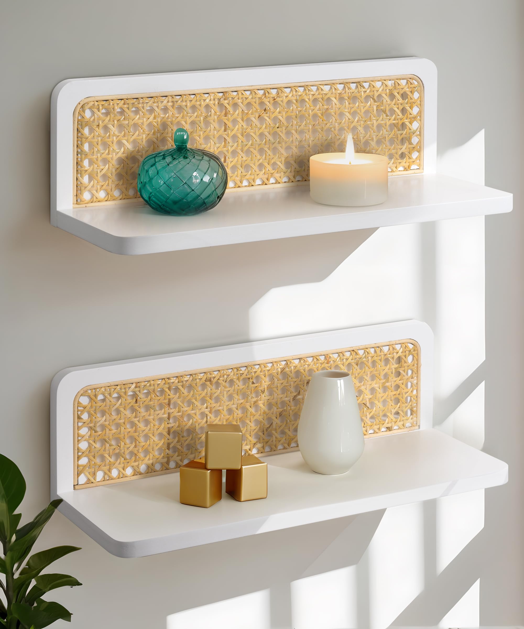 Maxpeuvon Rattan Floating Shelves, Boho Cane Webbing Wall Shelves Farmhouse Display Storage Organizer White Bookshelves Wicker Room Decor for Living Room Bedroom Entryway Hallway Bathroom, Set of 2