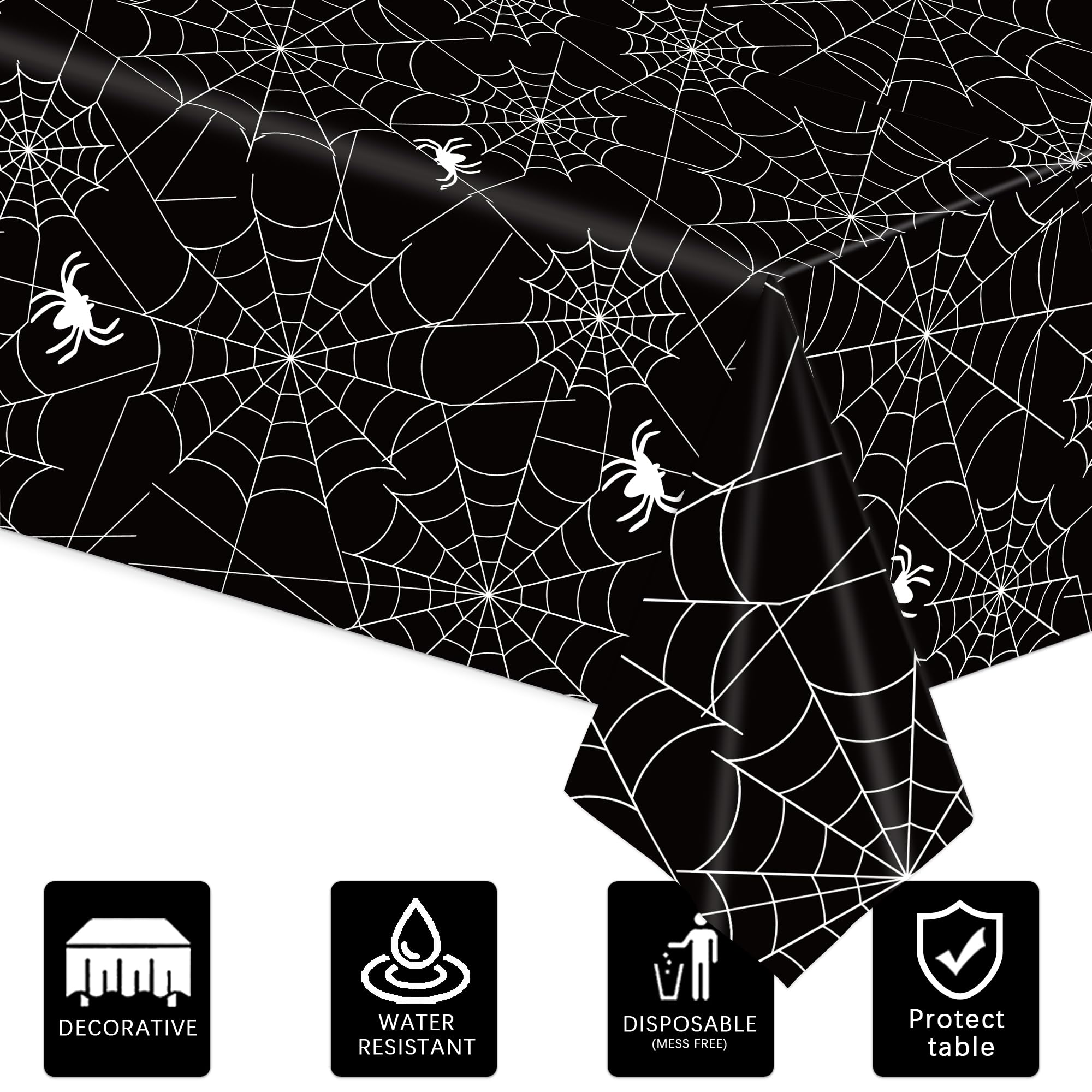 3-Piece 54 x 108 Inch Spider Web Plastic Tablecloth - Black Spiderweb with Spiders Designs, Disposable Rectangle Table Cover for Dining, Birthday, Halloween, Spooky Themed Indoor Outdoor Decorations