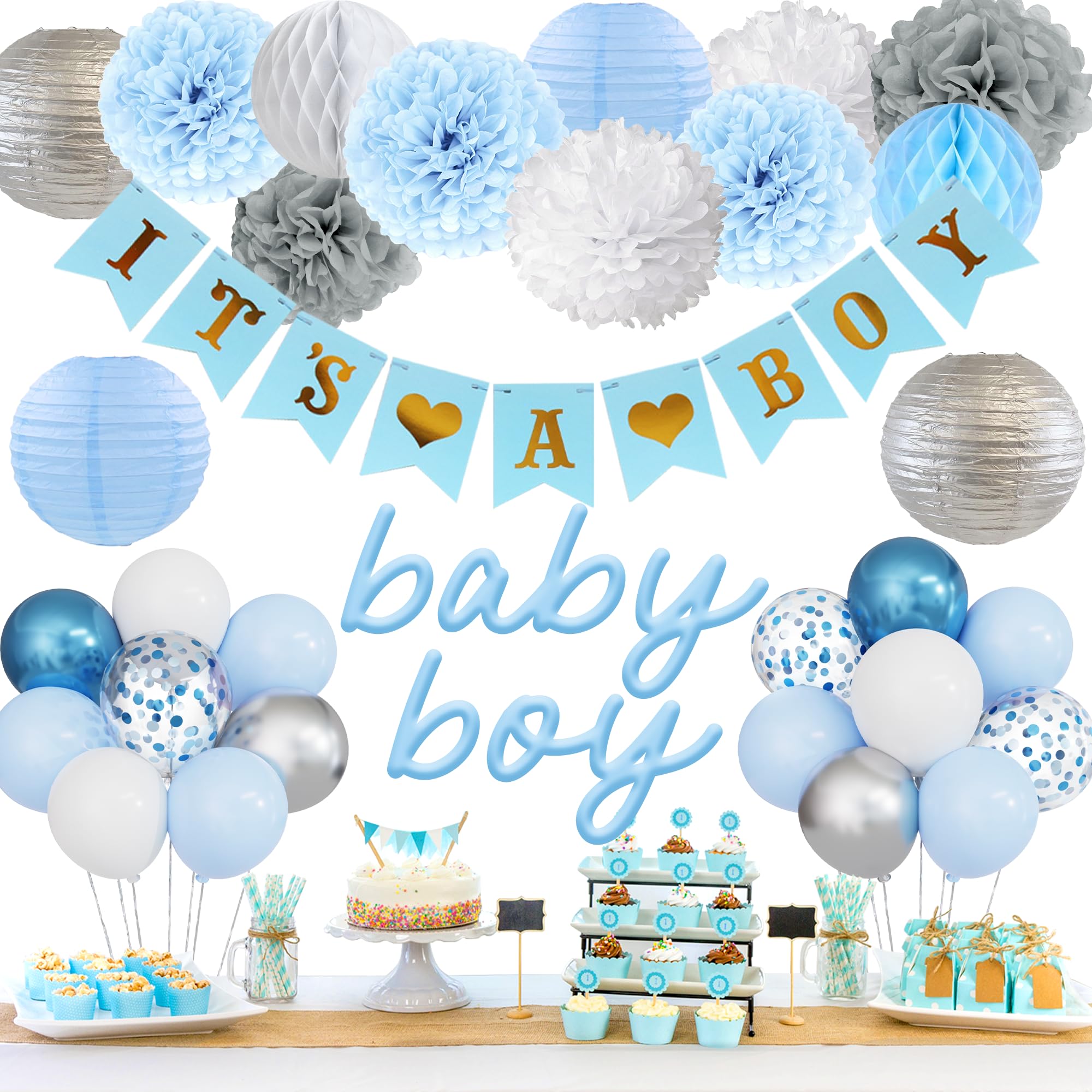 Ouddy Party Blue Baby Shower Decorations for Boy with Its a Boy Banner, Baby Boy Letter Metallic Blue Gray Silver Balloon Paper Pom Poms Honeycomb Ball for Boy Baby Shower Gender Reveal Party Supplies