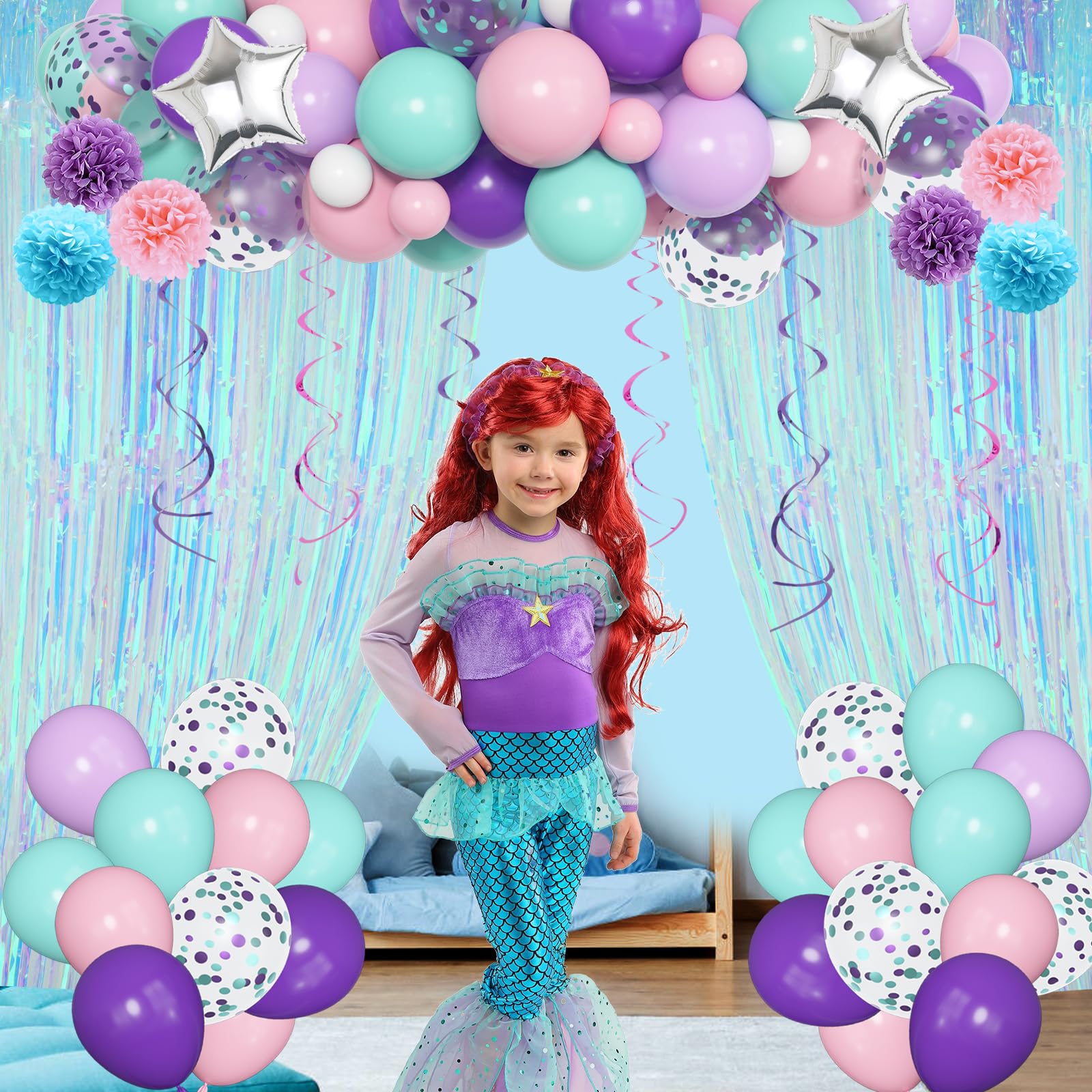 Mermaid Birthday Party Decorations Supplies Hanging Swirls Banner Fringe Curtain Tissue Pom Poms Purple Blue Pink Mermaid Foil Balloon Mermaid Theme Party Baby Shower for Kids Girls Women