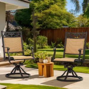 EROMMY Patio Swivel Chairs Set of 2, All-Weather Cast Aluminum Patio Sling Dining Chairs, Outdoor Swivel Rocker Chairs for Backyard, Garden, Deck, Porch, Balcony, Brown