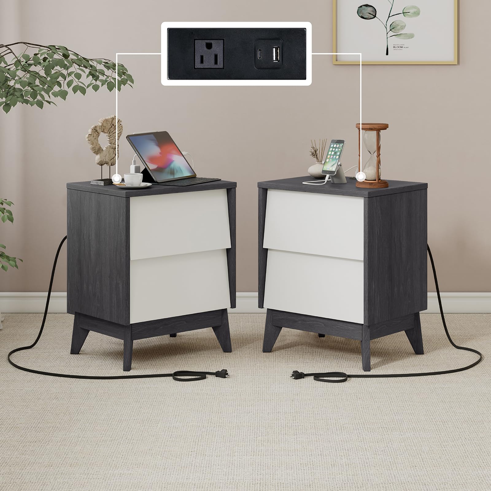 AMERLIFE Nightstands Set of 2, Mid-Century End Side Table with Beveled Drawers & Charging Station, Modern Storage Cabinet for Bedroom, Office, White & Black Walnut