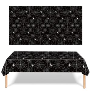 3-Piece 54 x 108 Inch Spider Web Plastic Tablecloth - Black Spiderweb with Spiders Designs, Disposable Rectangle Table Cover for Dining, Birthday, Halloween, Spooky Themed Indoor Outdoor Decorations