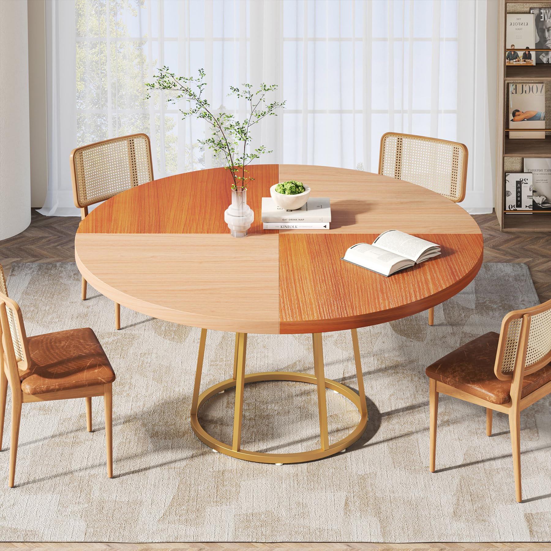 Tribesigns Round Dining Table for 4, 47 inch Kitchen Table Large Dinner Table with Circle Golden Metal Base Wood Grain Top for Home Kitchen Dining Room Living Room, Gold Maple(Only Table)