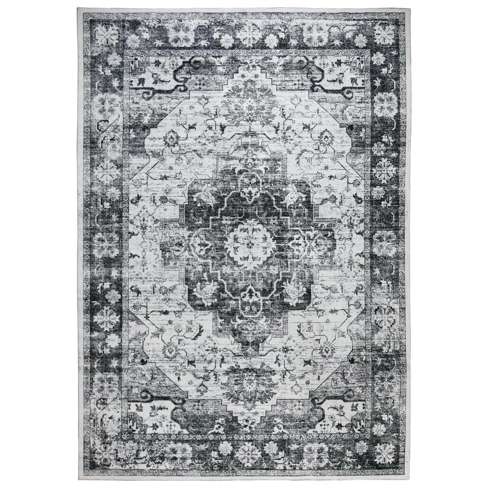 Syalife 6x9 Washable Area Rug - Soft, Non-Shedding, Low-Pile for Living Room, Bedroom, Office & Nursery - Distressed Style with Non-Slip Backing, Black/White