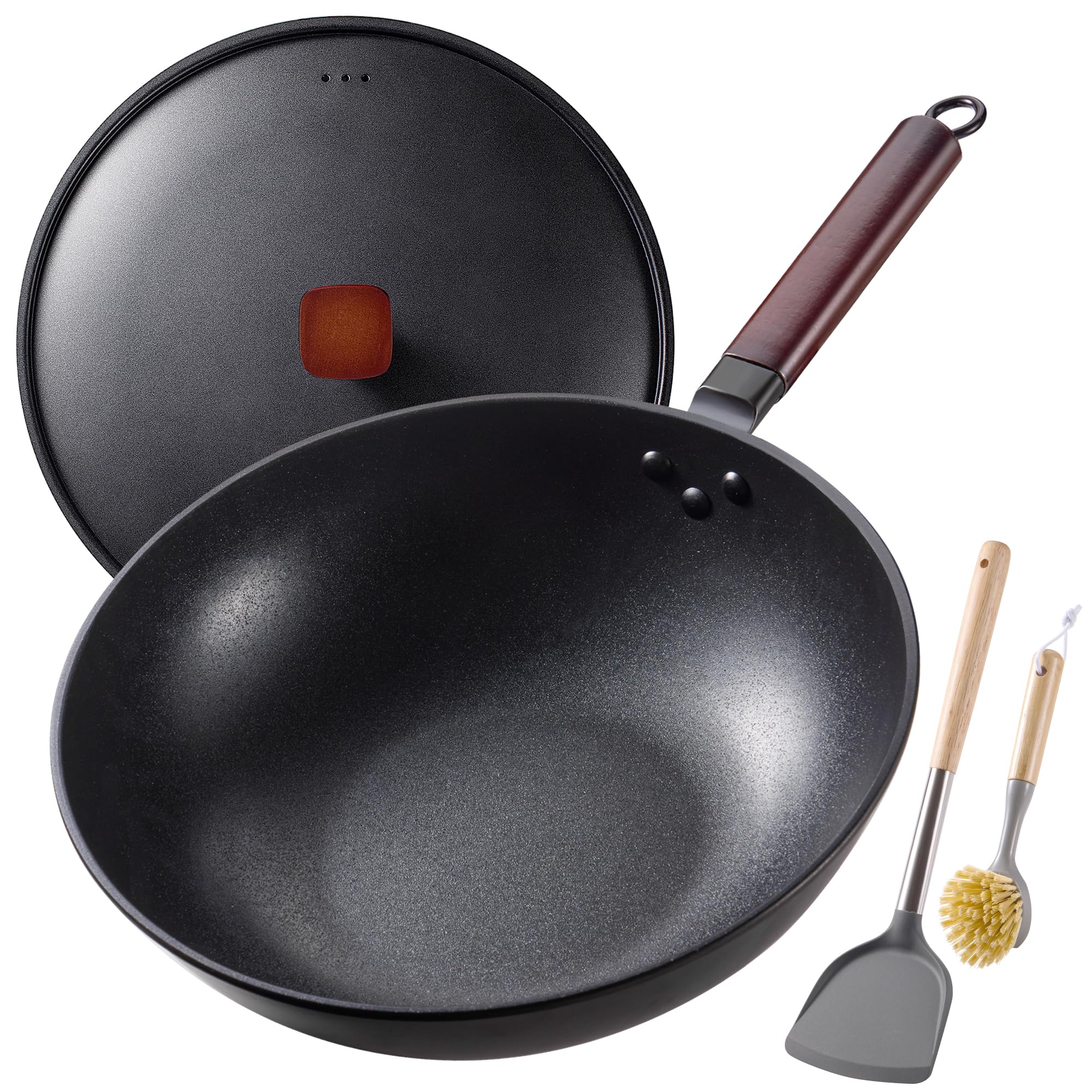 Teewe Carbon Steel Wok -13 Inch Woks & Stir-fry Pans Nonstick, Wok Pan with Lid Spatula and Dish Brush: Pre-Seasoned Flat Bottom Chinese Wok for Induction, Electric, Gas, All Stoves